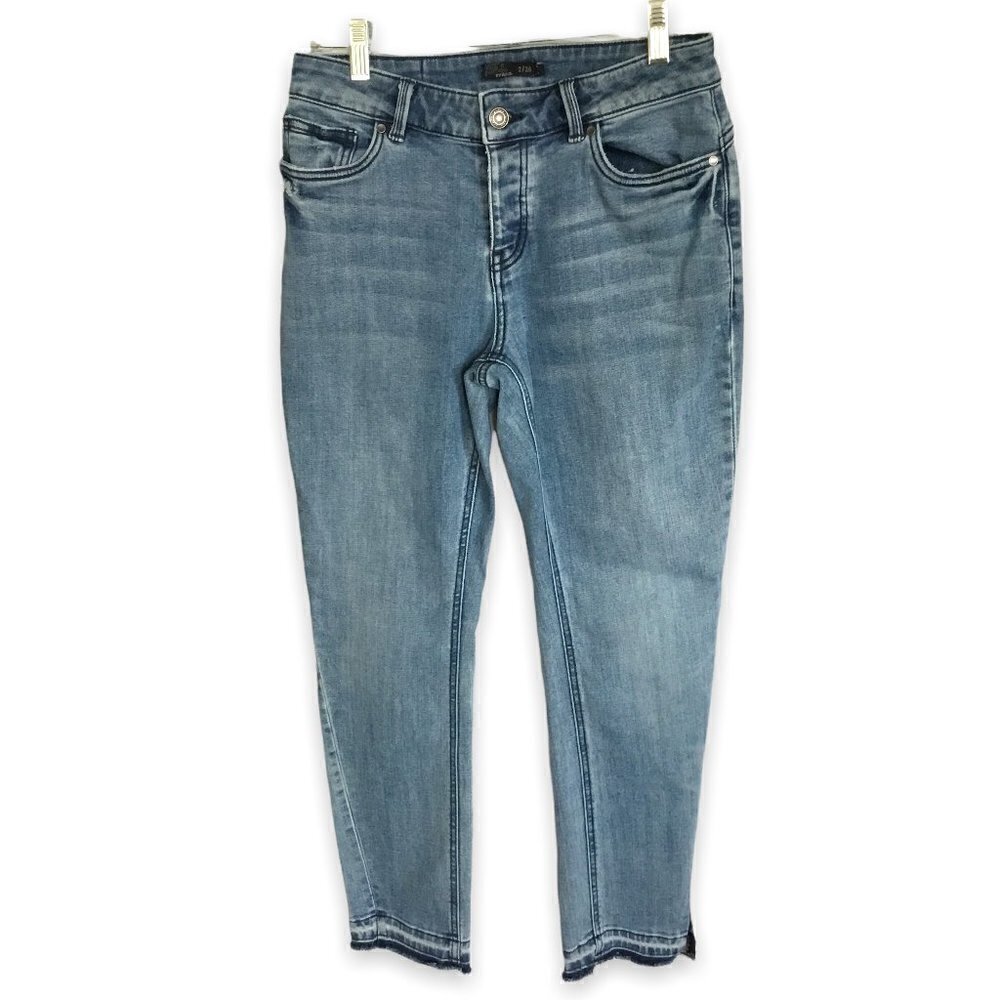 prAna Jeans Button Front Mid Rise Skinny Style Sz 2 Dropped Hem Medium Wash Blue